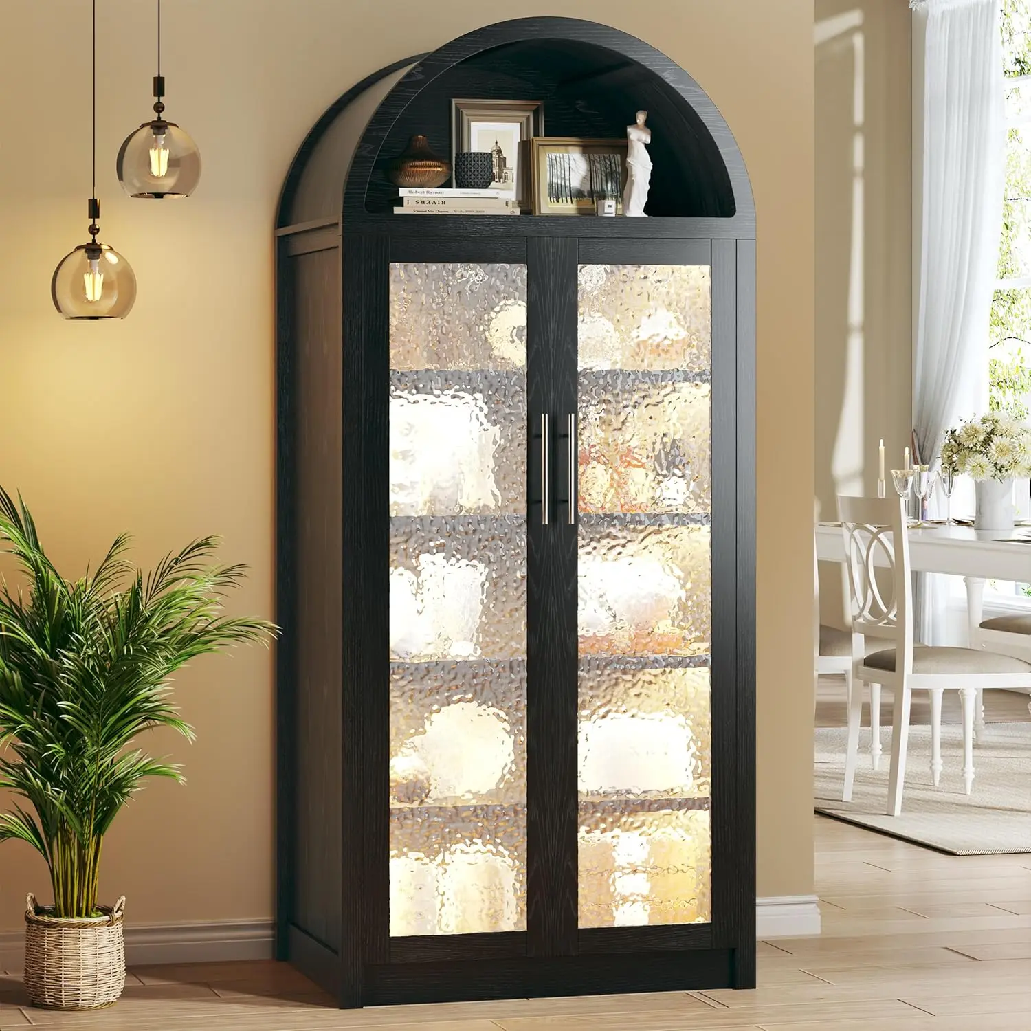 

Высокий арочный шкаф 71 дюйм с 3 режимами подсветки, кухонный шкаф-кладовка с стеклянными дверцами и регулируемыми полками, современный 6-уровневый