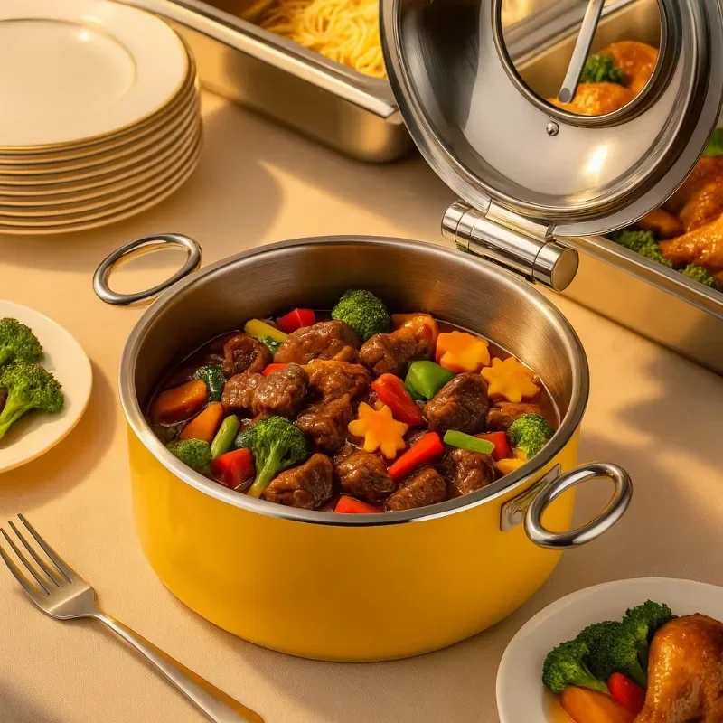 

Round yellow insulation pot Self-service food heater Stainless steel hot pot set Non-electric food heater for hotel restaurant