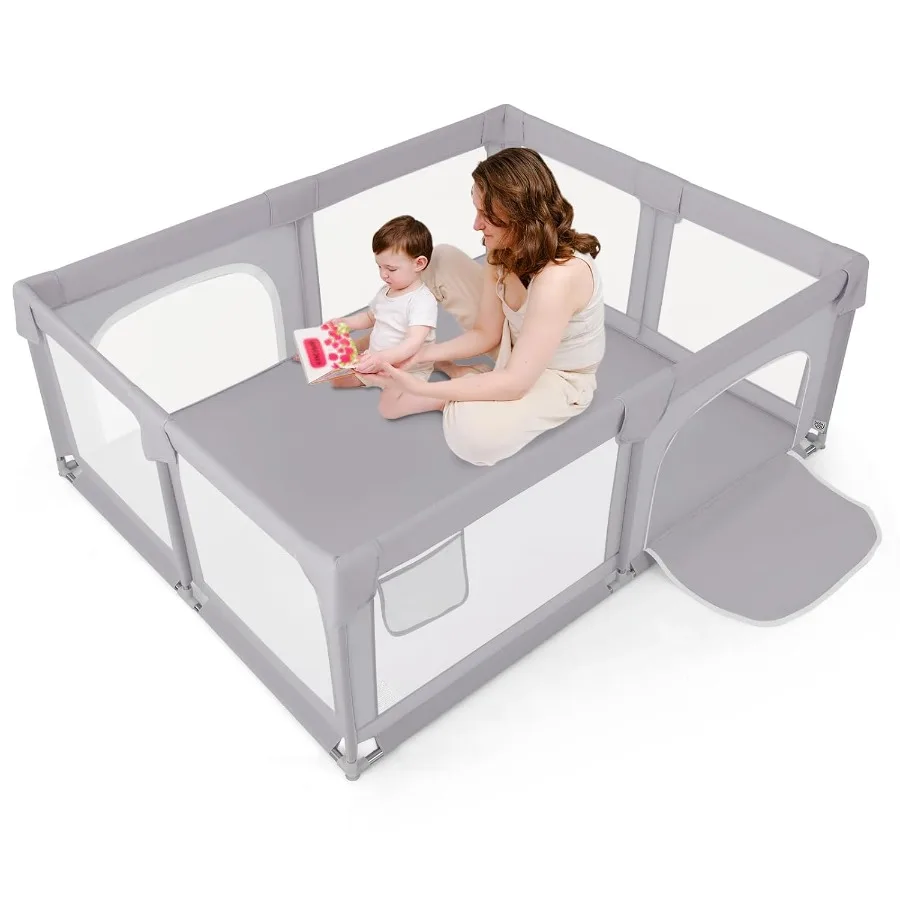 روضة أطفال كبيرة مقاس 75 بوصة × 59 بوصة مركز أنشطة للأطفال الصغار مع أبواب بسحاب حقيبة تخزين شبكية للاستخدام الداخلي والخارجي وساحة لعب للأطفال