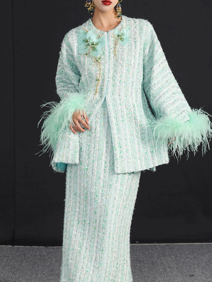 Twotwinstyle hit cor solta emendado penas casacos elegantes para mulheres o pescoço mangas compridas retalhos apliques casaco feminino novo