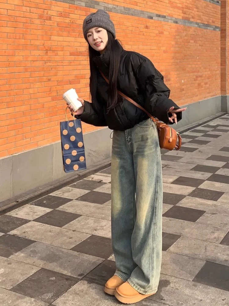 الرجعية عالية الخصر واسعة الساق الجينز المرأة فضفاضة تناسب مستقيم قطع السراويل الخريف التخسيس ثنى السراويل الطويلة عادية الدينيم Skinnies