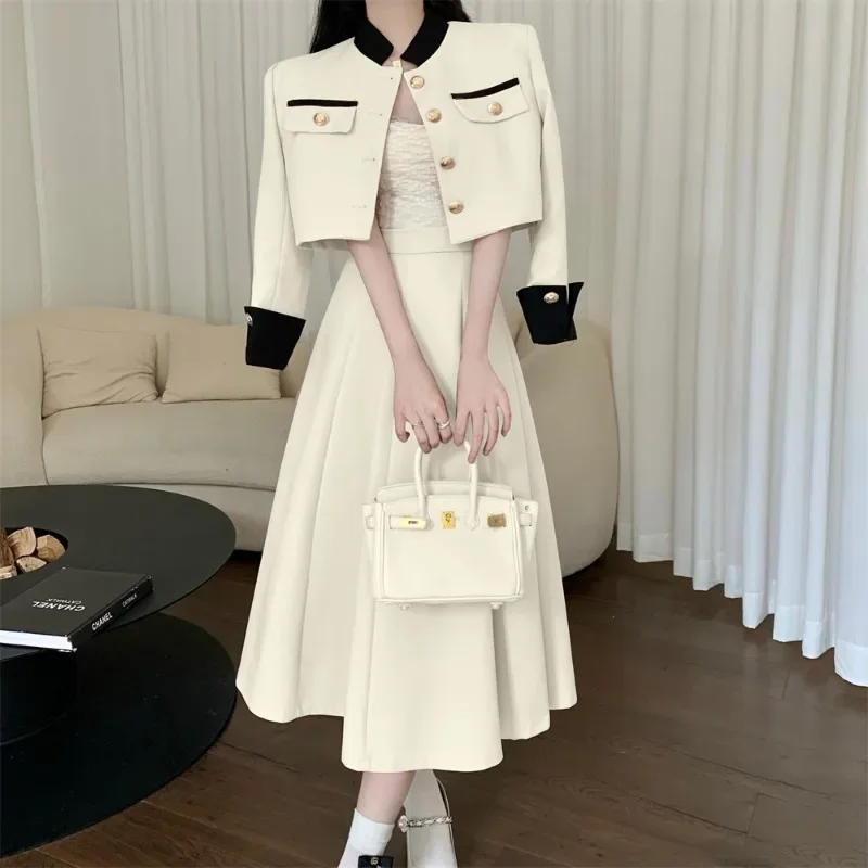 New Designer Autumn Two Piece Set Women Single Breasted Short Jacket Coat + High Waist Midi Aline Skirts Set Office Lady Elegant