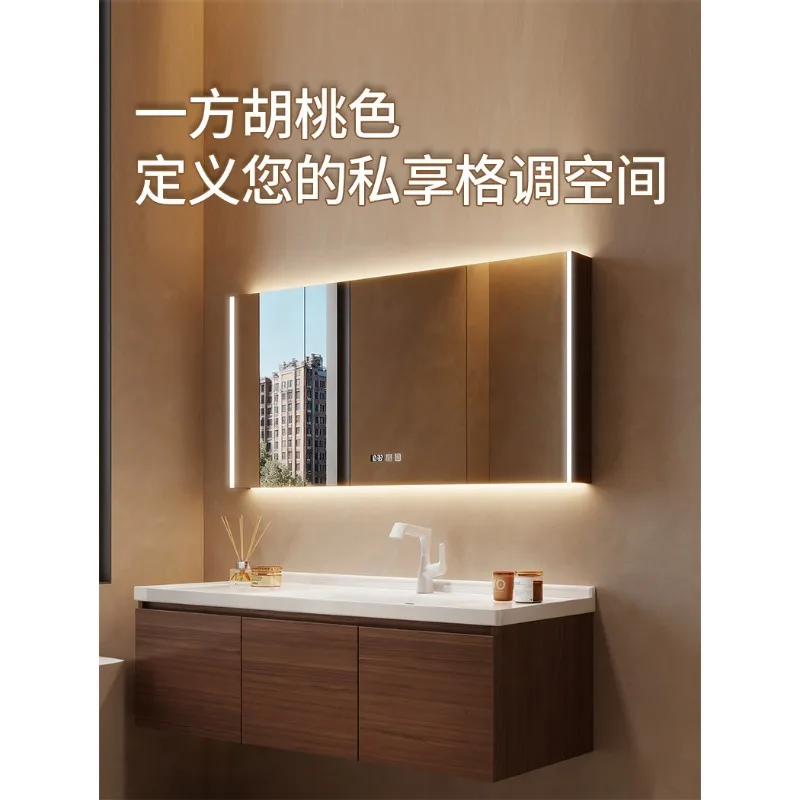 

Многослойный шкаф для ванной из массива дерева с интегрированной керамической раковиной, комбинация тумбы для умывальника и раковины.