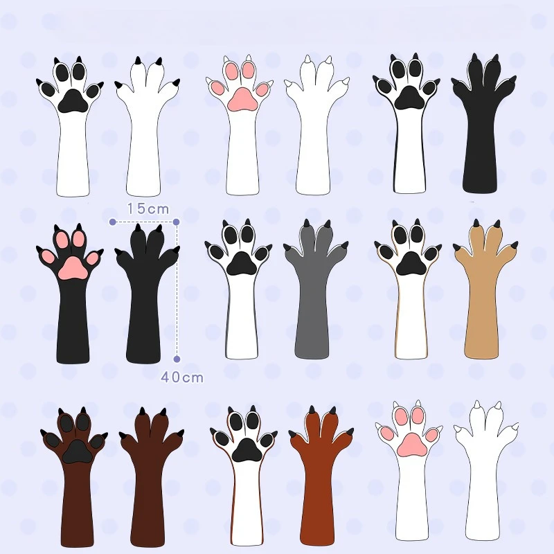 Faux Fur Animal Paw Gloves Claws Pads Cat Bear Fox Wolf Cosplay Mittens for Halloween Comic Con Kigurumi Party Cosplay Costume