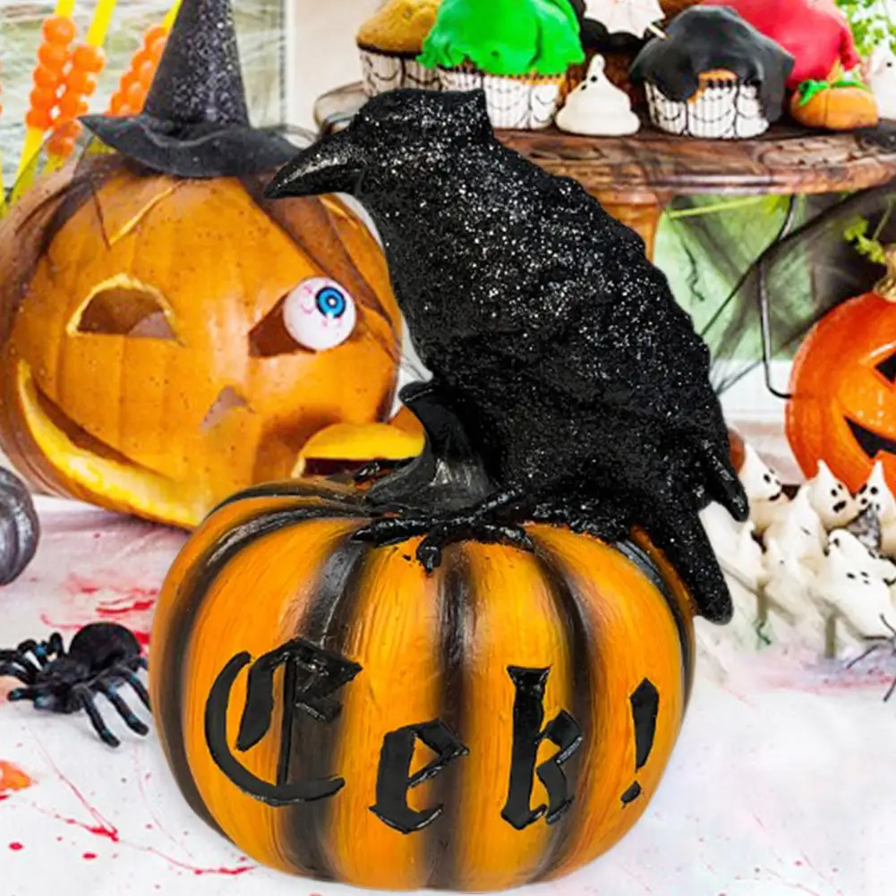 Resin Crow Sculpture Spooky Halloween Crow Black Raven Pumpkin Resin Statue Sculpture for Home Office Decor Festive Desktop