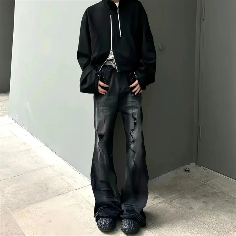 アメリカンスタイル ハイストリート ウォッシャブル ダメージ加工 パイルアップ ゴム入り マイクロフレア ジーンズ 2025 春秋 メンズ カジュアル ロングパンツ