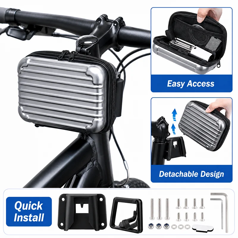 Bike Front Storage Bag Hard Shell Bicycle Handlebar Case Quick Release Mount Water Resistant Phone Tool Box with Strap
