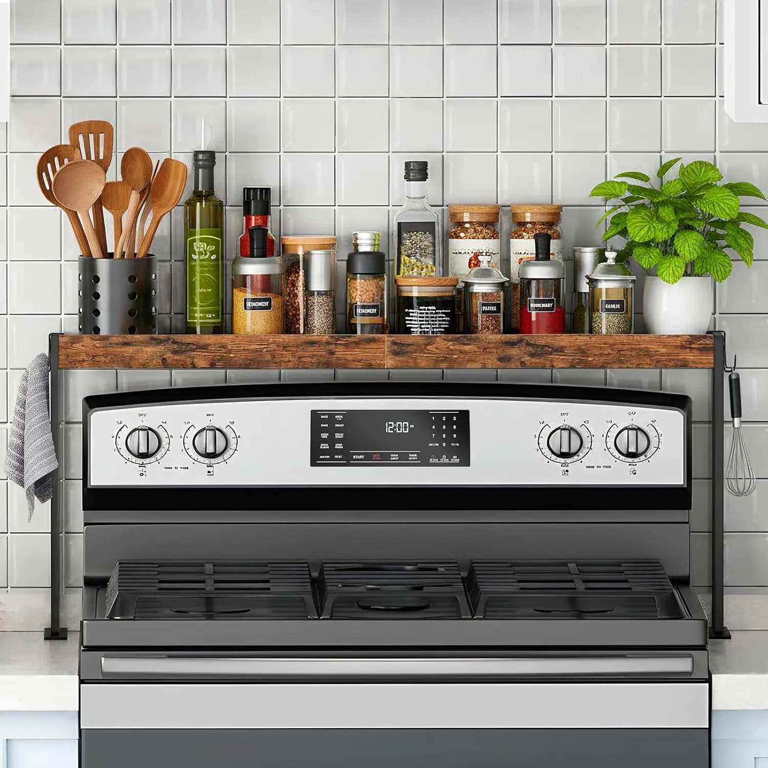 

Полка для специй над плитой, регулируемая на 4 уровня, черная, с 4 крючками