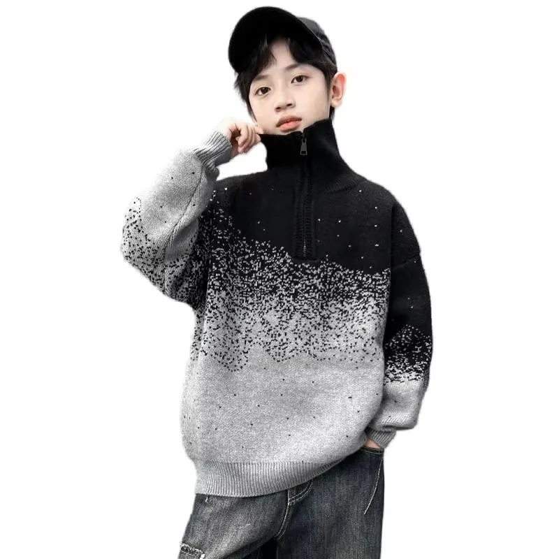 

Spring Korean Kids Gradient Color Sweater With Zipper Polo Sweater For Teenage Boys Fashion Knitted Outfit Knitwear Age 5-14T