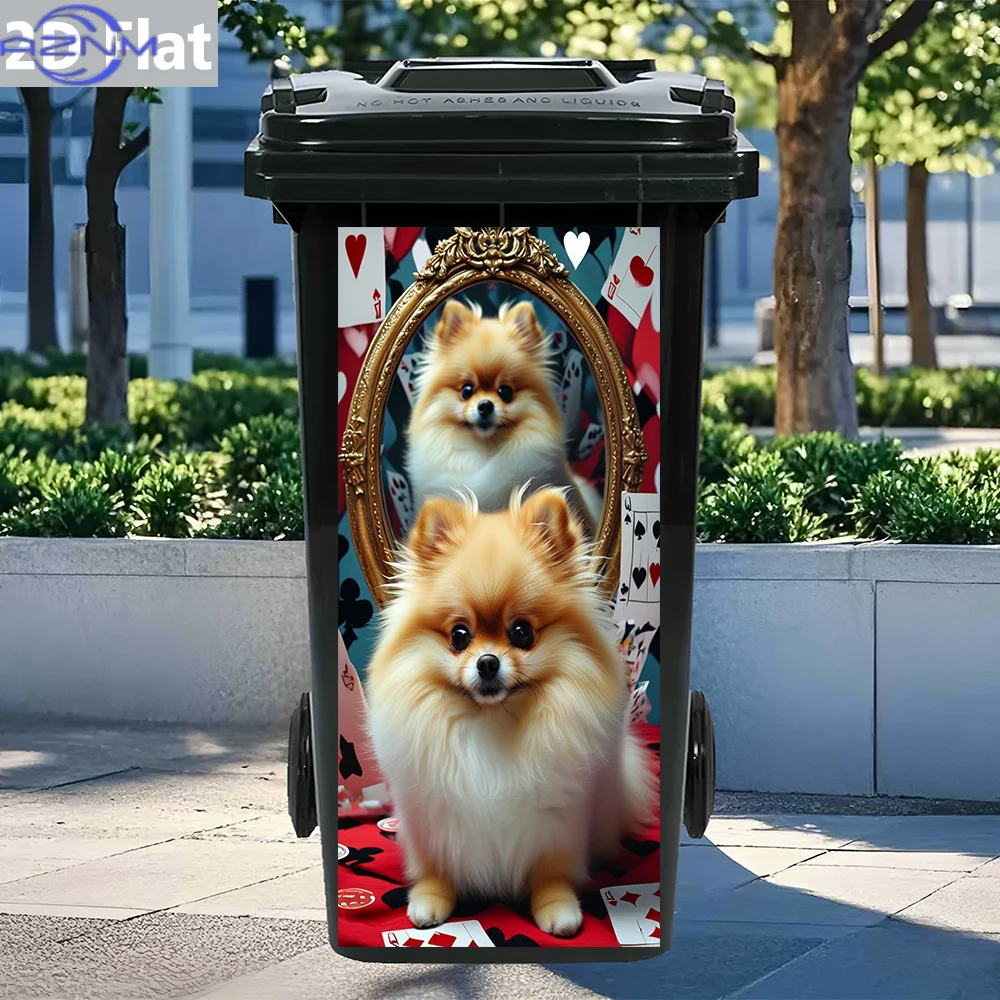 1pc 2D Flat Pomeranian Puppy with Vintage Mirror and Playing Cards Trash Can Sticker – Self-Adhesive Waterproof PVC Decal for view 4