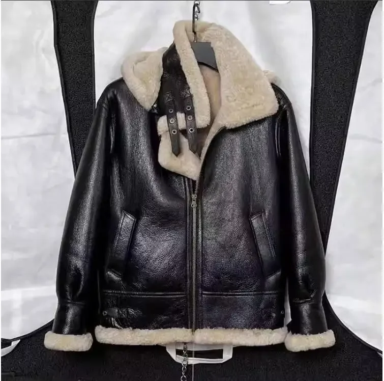 .Men 100% real fur jacket with hat.quality winter warm genuine leather coat.sheepskin wool.Black shearling cloth