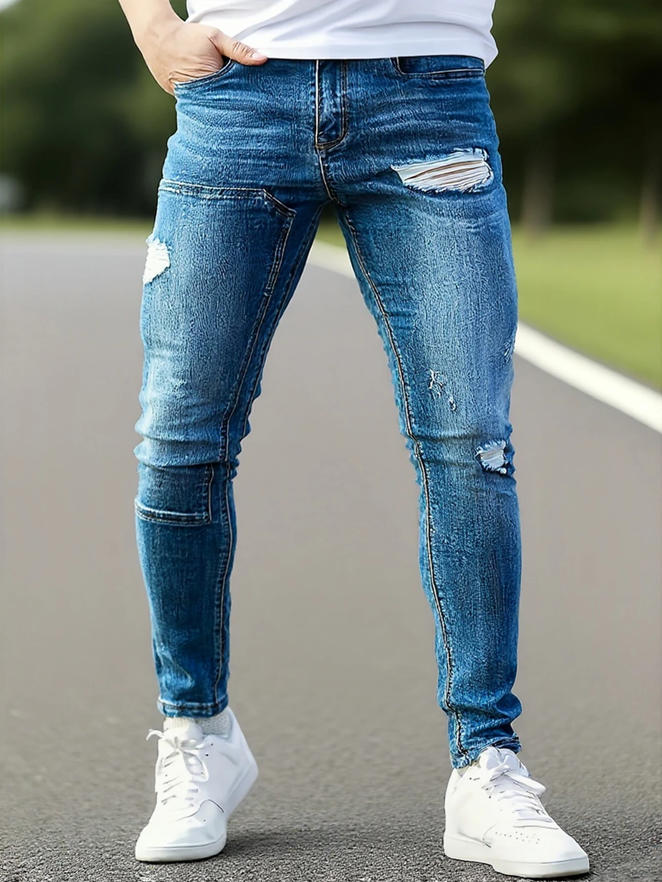 

Men's blue distressed skinny jeans, featuring a unique worn-out design that fits the body shape perfectly, making it easy to cre