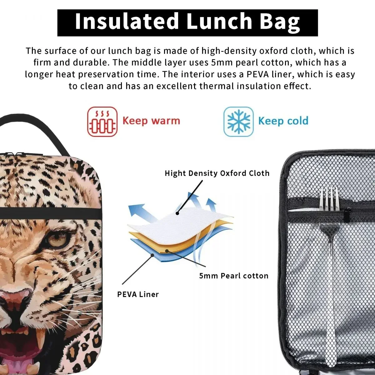 Sacos de almoço isolados leopardo Sacos de piquenique portáteis Lancheira térmica térmica para mulheres, trabalho, crianças, escola