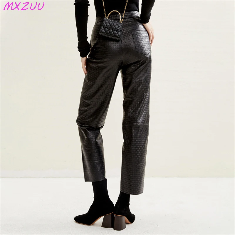 Harajuku Leather Pants for Women Autumn Winter Slanted Pockets Embossing Design Natural Sheepskin Ankle Style Straight Trousers