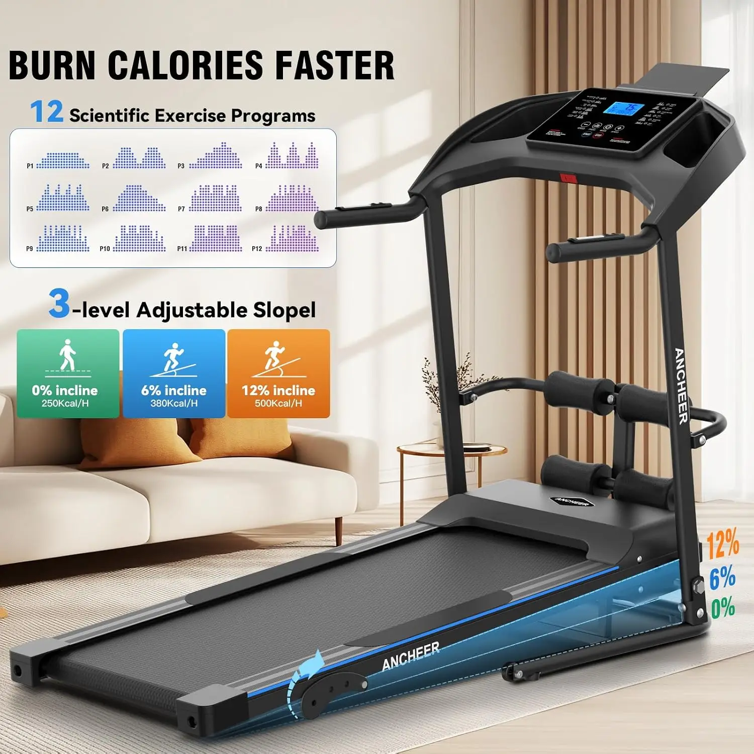 Treadmill with Incline & Sit Up Bench, Smart Treadmills for Home with Body Fat Measurement & Heart Rate Sensor,3.5HP, Custom