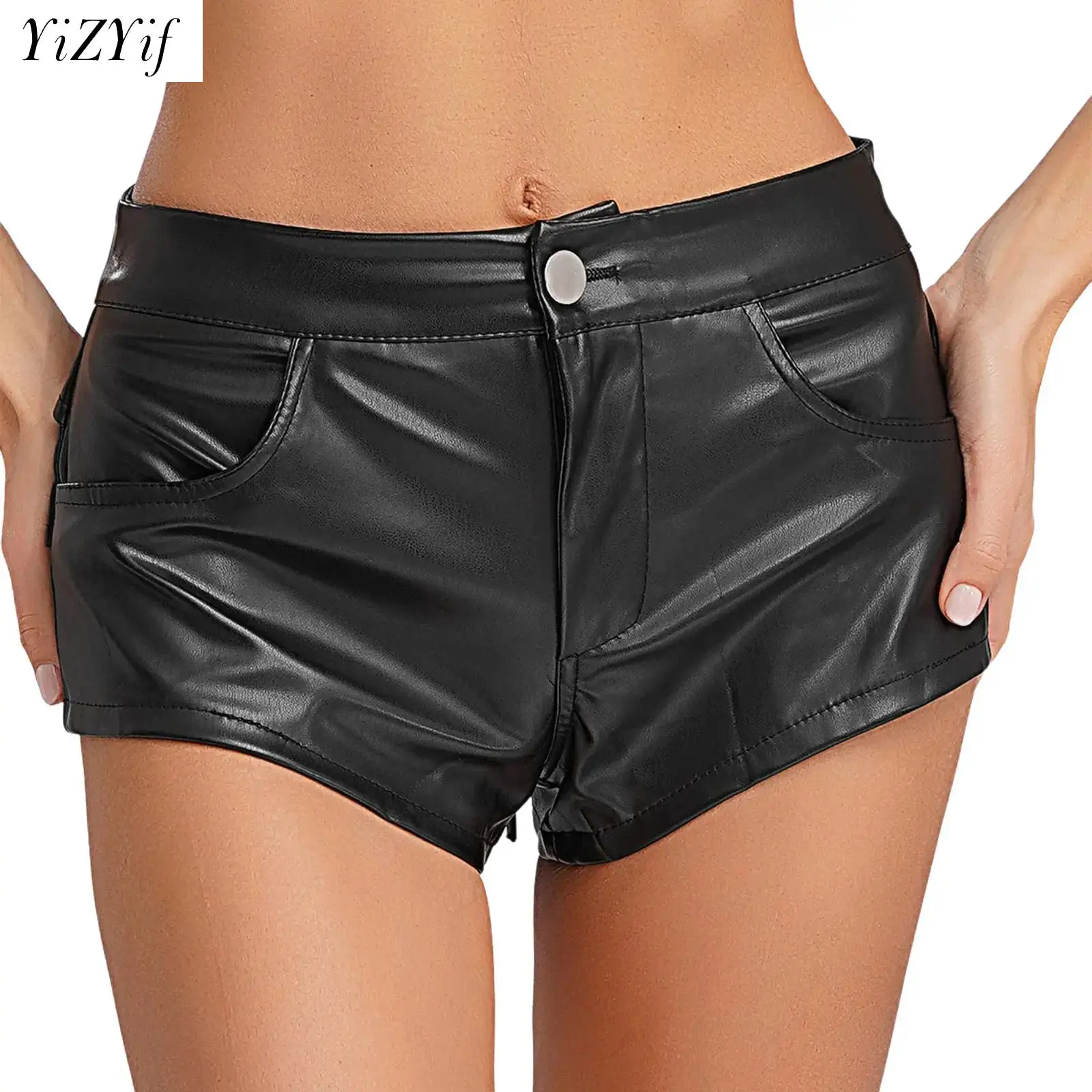 

PU Leather Clubwear Hollow out Back Cutout Shorts for Women's Shiny Rave Festival Party Hot Shorts Ladies Short Pants
