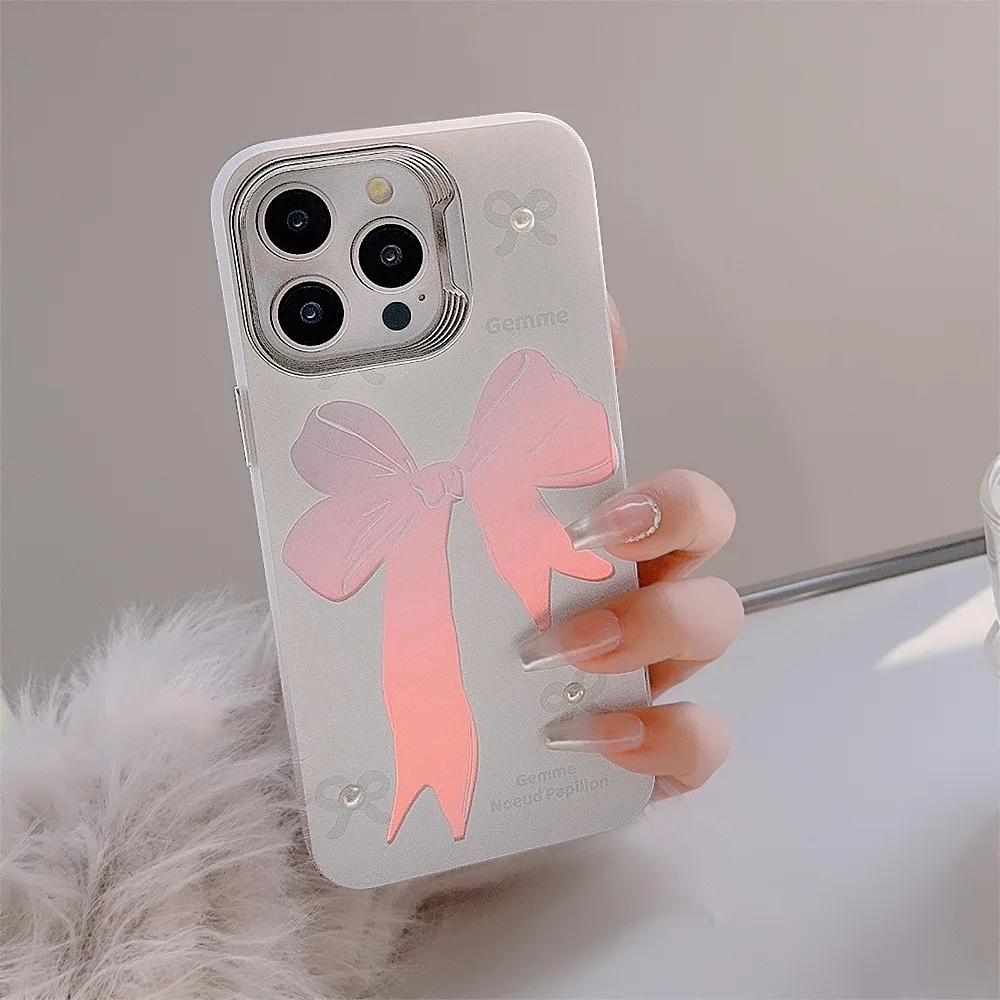 Cartoon laser bow ins plush bow shockproof pearl back cover for iphone 13 14 promax 11 12 15 pro max phone case conque