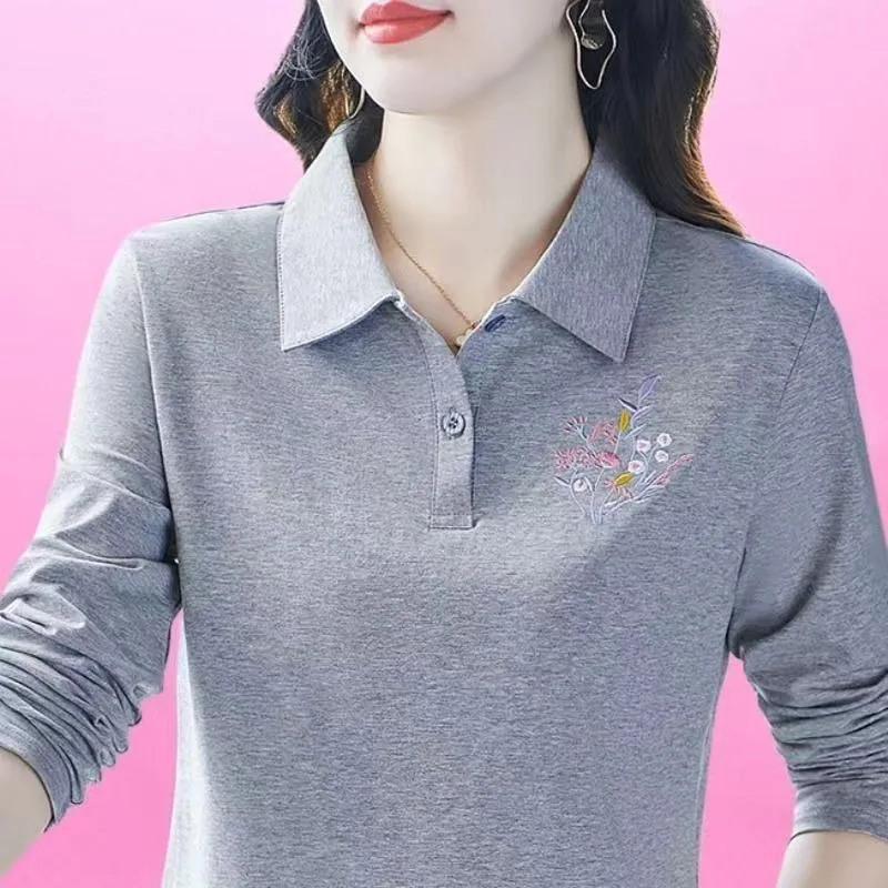 

Women's Heather Grey Floral Embroidery Turn Down Collar Long Sleeve Polo Shirt