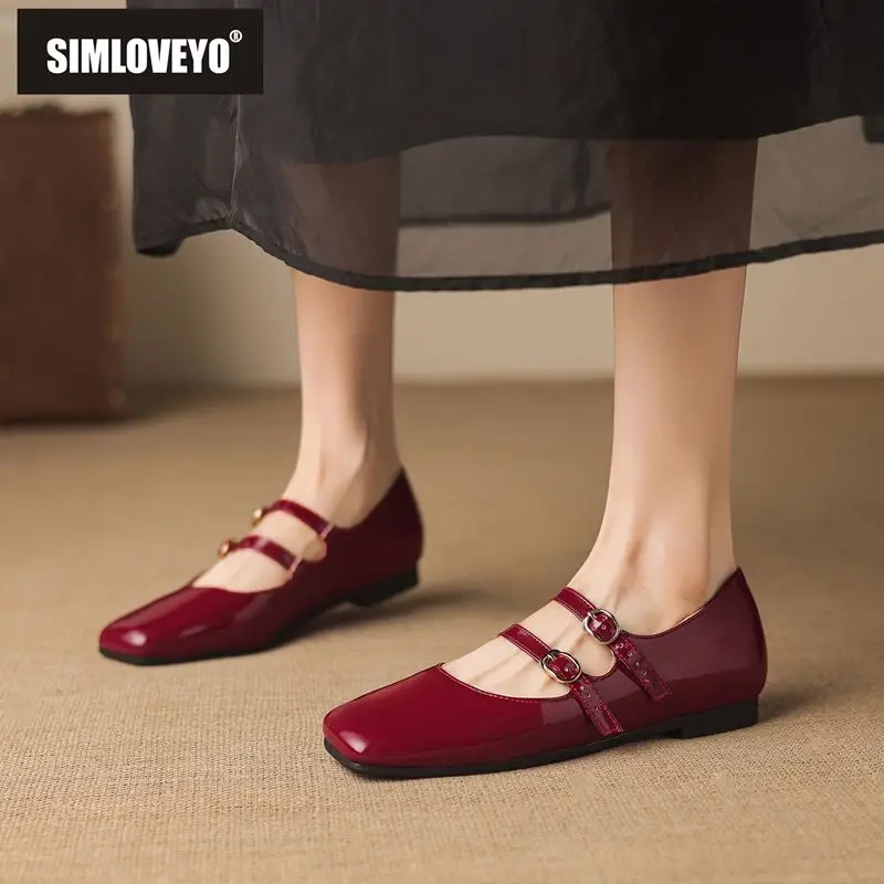 

Брендовые женские туфли SIMLVOEYO на плоской подошве с квадратным носком и двойной пряжкой, блестящие туфли Мэри Джейн, милая обувь для свиданий, увеличенные размеры 41, 42