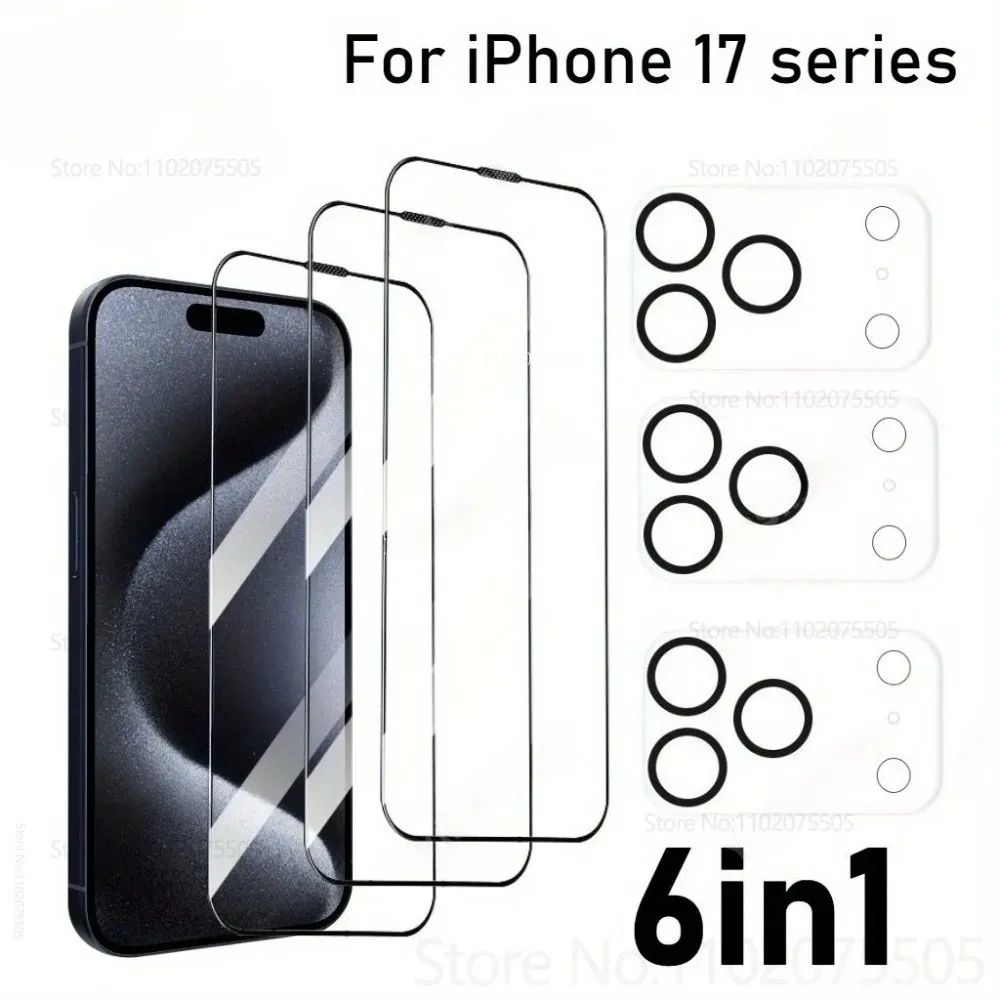 ฟิล์มกระจกนิรภัยขอบดำ 3 ชิ้น + ฟิล์มกันรอยเลนส์กล้อง 3 ชิ้น สำหรับ iPhone 17 Pro 17 Promax 16E 15 Promax 14 Plus Air 11 12 13 Mini