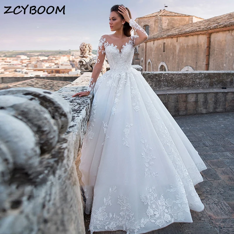 

Elegant Long Sleeve V-Neck Appliques Backless Illusion Wedding Dresses For Women 2024 Sweep Train Bridal Gowns Vestidos De Novia