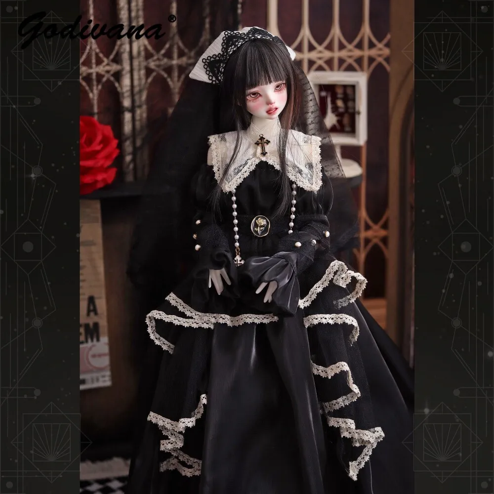 1/4 BJD Doll Clothes Gothic Nun Style Maxi Mesh Dress Vintage Flare Long Sleeve Lace Dark Lolita Gown Outfit for 1/4 BJD Doll