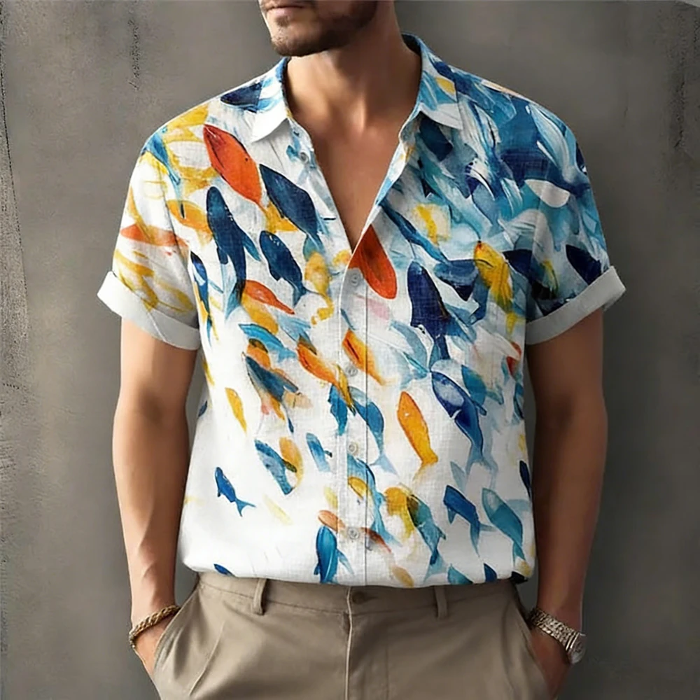 Men's linen short-sleeved casual shirt simple high-definition natural printed shirt Hawaiian vacation outdoor social men's wear