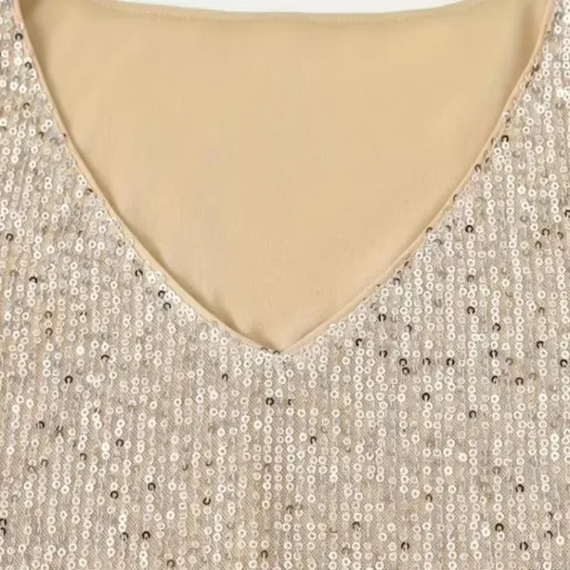 Sommermode für Damen, tiefer V-Ausschnitt, Pailletten-Tanktop, stilvolles, ärmelloses Polyester-Top, glitzernde Club-Party-Weste-Blusen