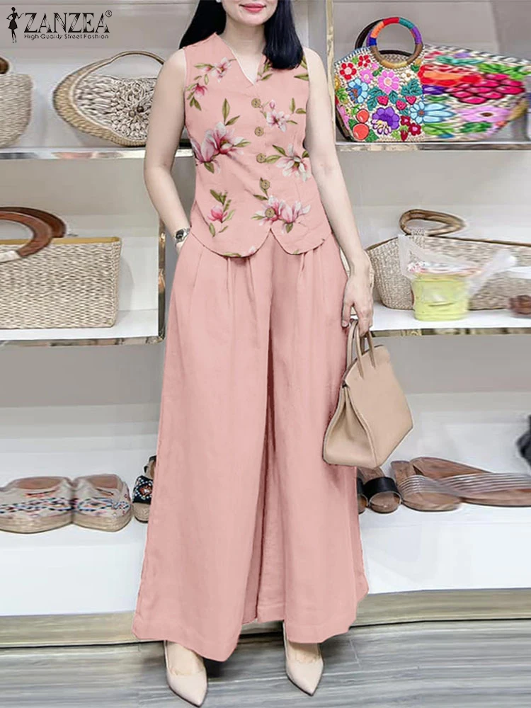 

ZANZEA Elegant Women OL Work Pant Sets Summer 2PCS Outfits Casual Loose Wide Leg Trousers Suits Floral Tanks Tops Matching Sets