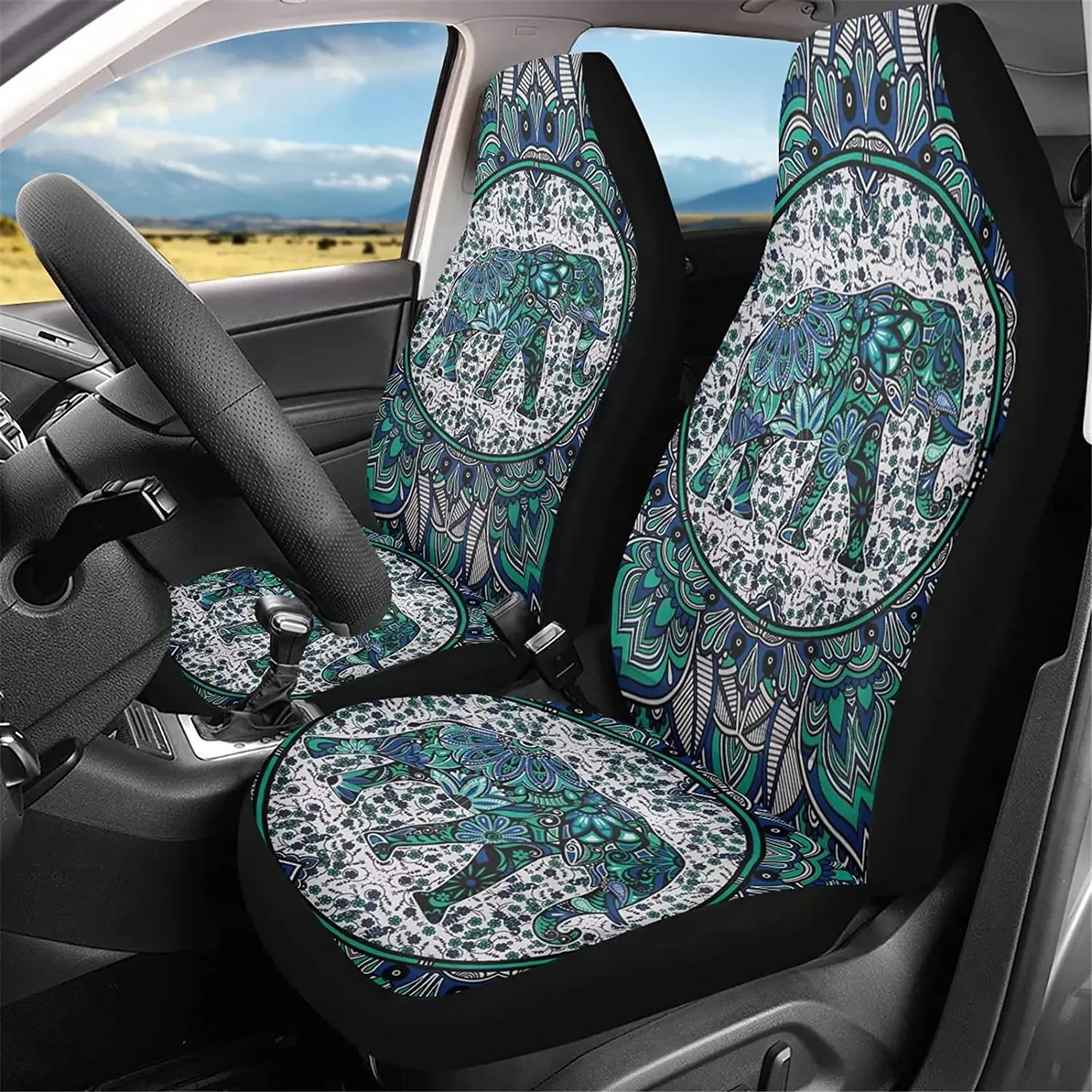 HUISEFOR Indian Elephant Car Seat Cover Auto Decorative Accessories ,Hippie Mandala Front Seat Cover for Women Men ,Travel Decor