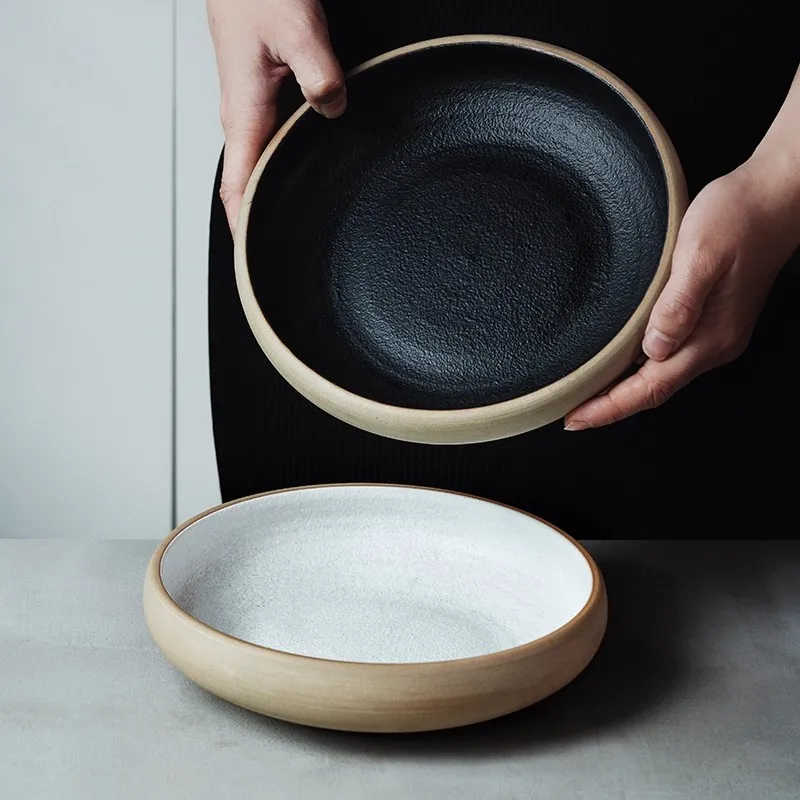 

Japanese Style Round Deep Plate Retro Soup Plate Sashimi Dish Salad Plate Dessert Snack Plates Kitchen Coarse Pottery Tableware