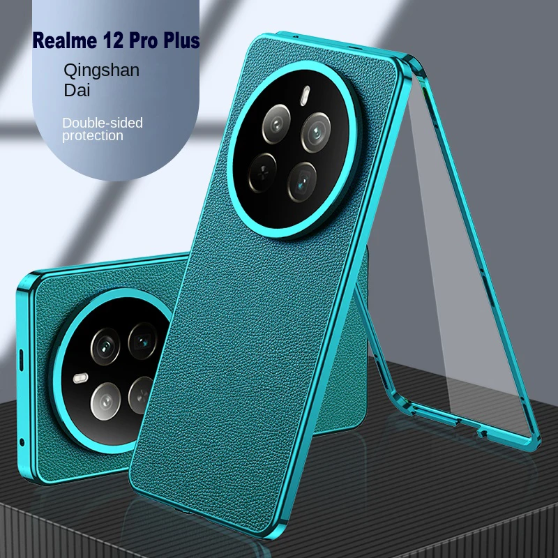Realme 12 Pro Plus RMX3840 Capa 360 Proteção Completa Frente Capa de Vidro Temperado Transparente com Capa Traseira de Couro PU para Realme12 Pro +