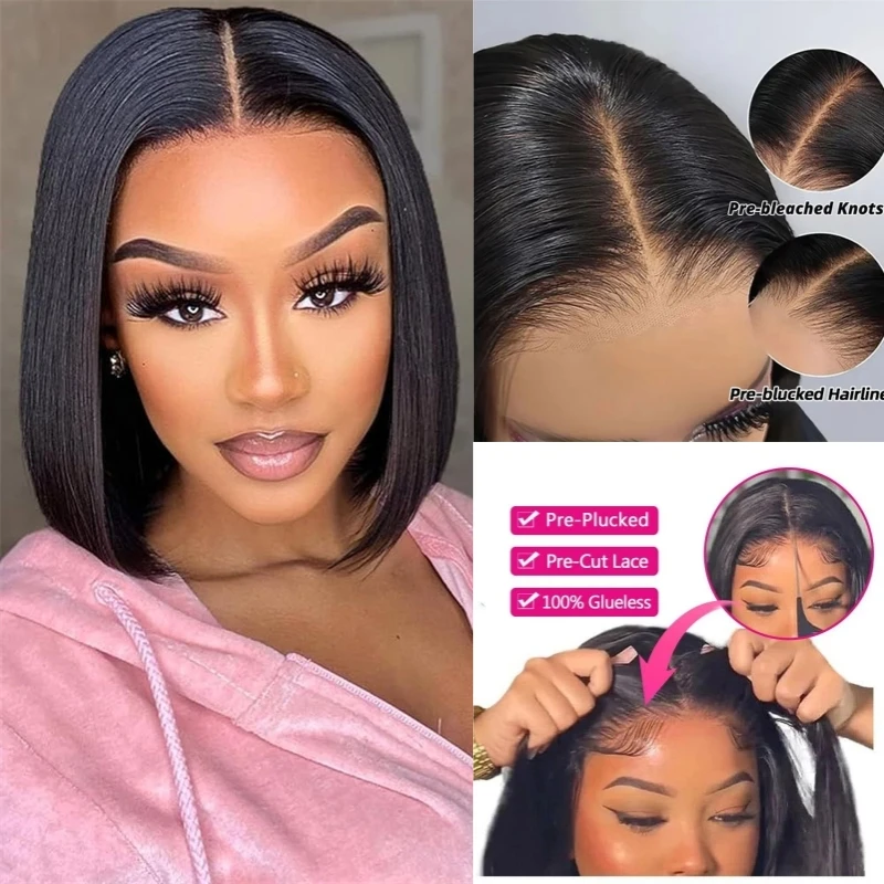 

Short Bob Wig Human Hair Lace Front Wigs Human Hair Straight 14x4 Transparent Lace Closure Bob Wigs 180% Density Black Color