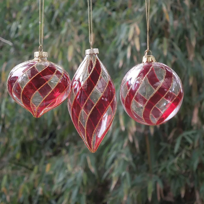 

Free Shipping 8pcs/pack Red Painting Transparent Glass Pendant Home Decoration Christmas Ball Hanging Ornament Globe Onion Cone