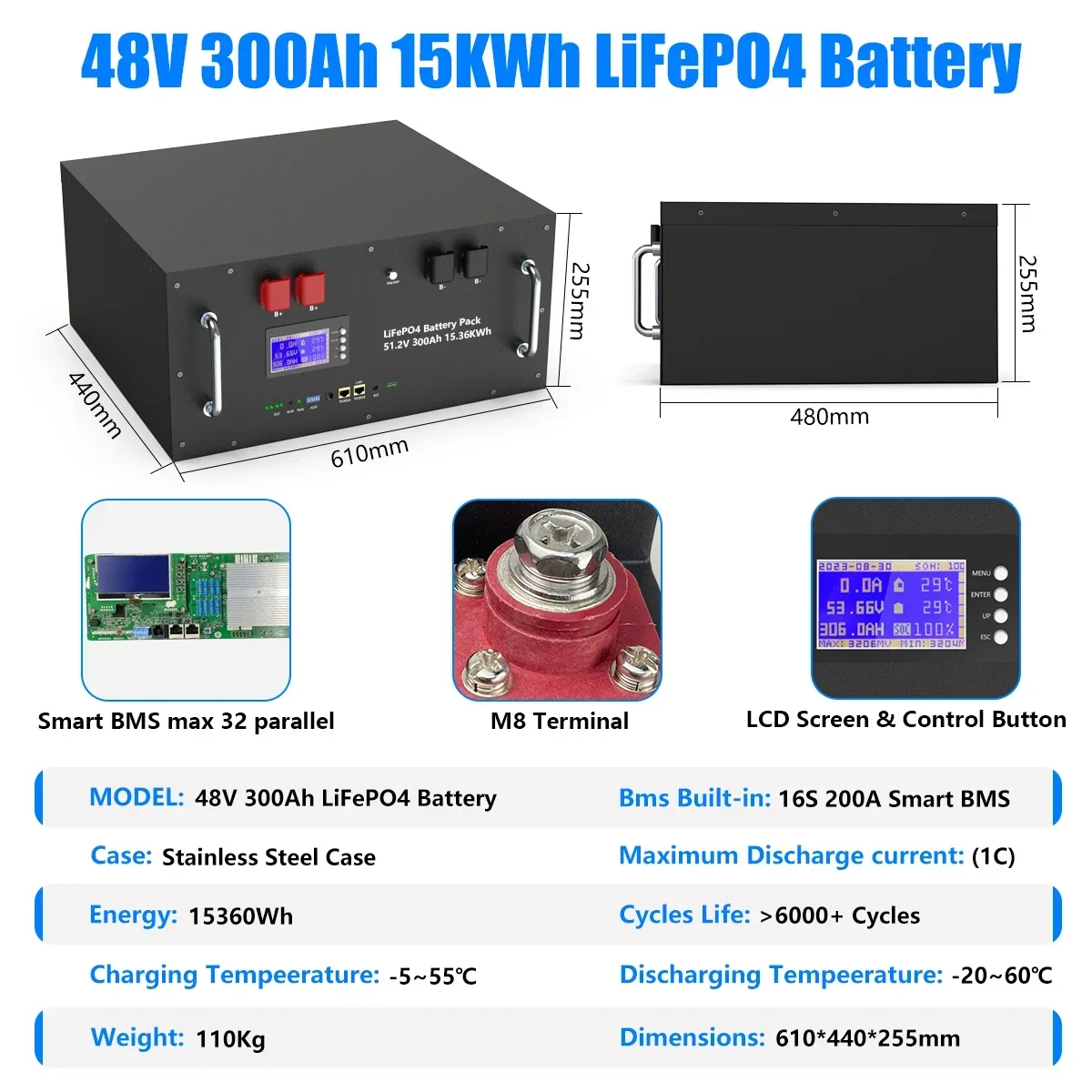 LiFePO4 48V 300AH 15KWH Batterij 51.2V 100AH 200AH Lithium Solar Batterij 6000+ Cycli Met 16S 200A BMS Voor Omvormer EU Voorraad - afbeelding 1