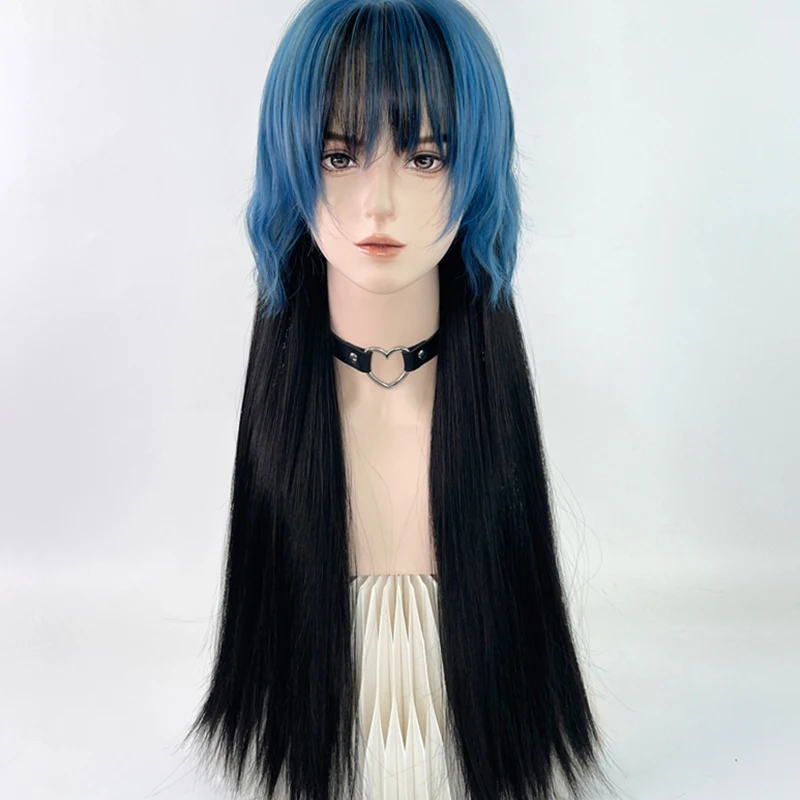 Blue Black Long Wigs With Bangs Mullet Head Wig Synthetic Straight Women Men Lolita Cosplay Wig For Daily Party Heat Resistant