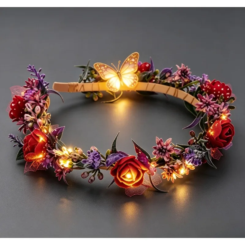 Led Light Up Artificial Rose Flower Headband, Black Gothic Lace Hair Hoop for Women, Luminous CROWN Headpiece, Halloween Vampire 5