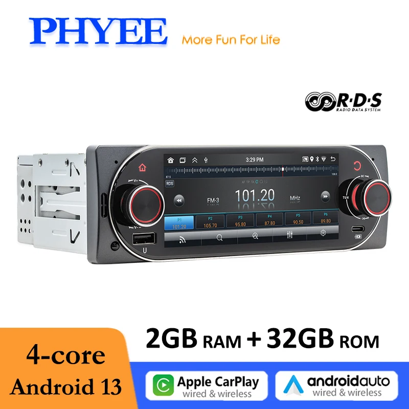 PHYEE 1 Din راديو Carplay اللاسلكي للسيارة Andorid، نظام ملاحة GPS، بلوتوث، Android-Auto، Wifi، FM RDS، شاشة لمس 5 بوصة، B5006 #1