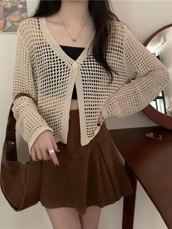 Women's Light Knitted Open Cardigan Sun Protection Hollow Design Summer New Style Air Conditioning Knitted Cover up Top