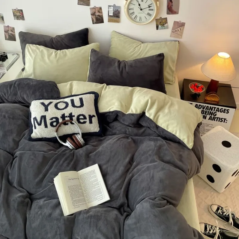 

Sheet fleece quilt cover 200x230 dormitory full set of bedding, premium gray + fruit green