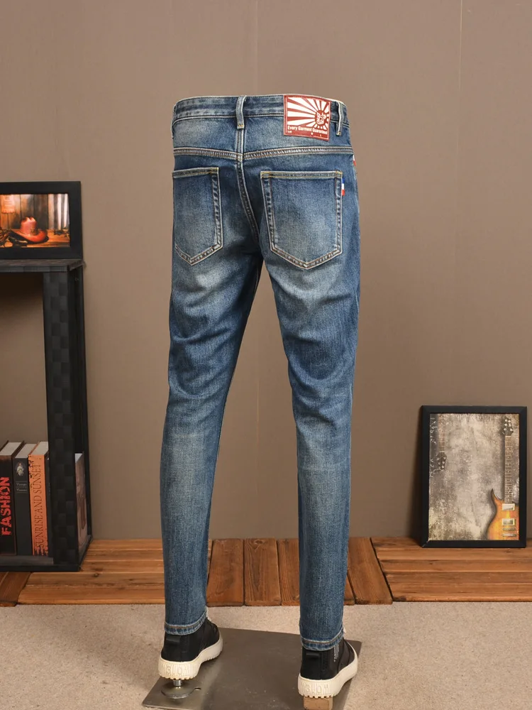 Pantalones vaqueros azules Retro para hombre, pantalones clásicos, elásticos, ajustados, de alta gama, estilo coreano, versátiles e informales, otoño