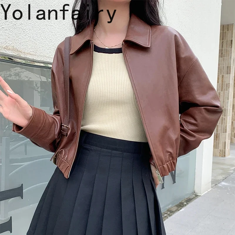 Echt lederjacke Frauen hochwertige echte Schaffell mantel lässig Revers Vintage Lederjacken Chaqueta Cuero Mujer