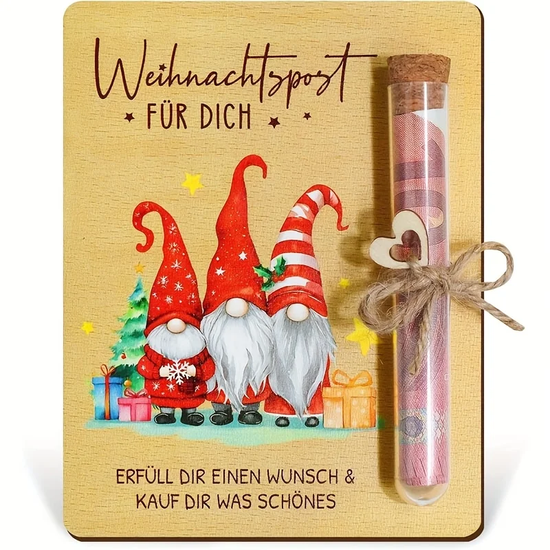 Carte de Noël en bois avec tube à essai pour cadeaux d'argent Elfe de Noël Emballage de bons d'argent Emballage cadeau pour femmes, hommes, amis, cadeaux