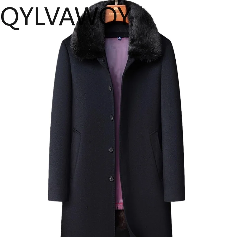 

QYLVAWOY мужское шерстяное пальто для средних пожилых людей с подкладкой из кроличьего меха норкового воротника с лацканами, длинная верхняя одежда, теплая элитная парка, стильная LJ2751