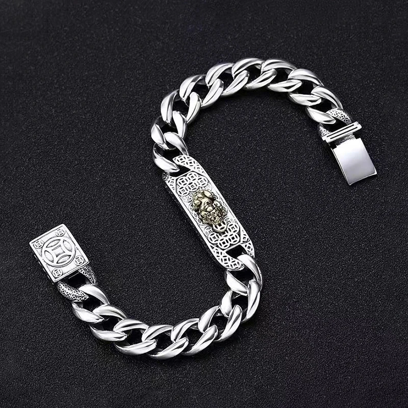 Retro Style Silver Cuban Bracelet Fashion Ancient Copper Money Auspicious Chain Jewelry Men Party Friendship Gift