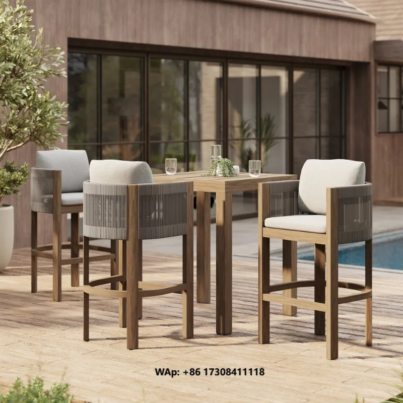 Professional Manufacturer's Modern Garden Furniture All-Season Rope Weave Teak Counter Chair for Hotels Villas Outdoor Bar Stool