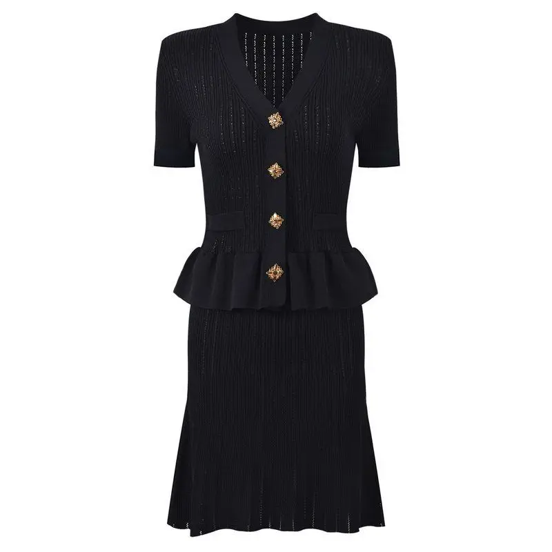 

High Quality Women's Fashionable Knitted Short Sleeve V-Neck Slimming Dress mid Waist Ball Gown Style Basic Edition Single Piece