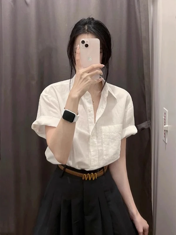 Fashionable High-End Spring Women's  Collar Cotton Linen Short Sleeve Shirt Trendy Commute Style Korean Loose Fit Shirt