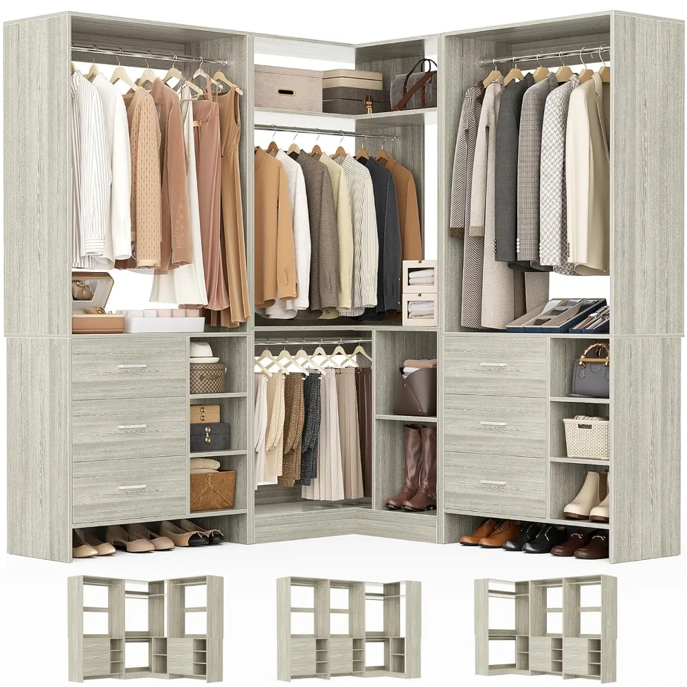 

Closet System with 6 Drawers, 4 Hanging Rods & Corner Tower, Corner Closet System with Hanging, 92.6" L-Shaped, Customized