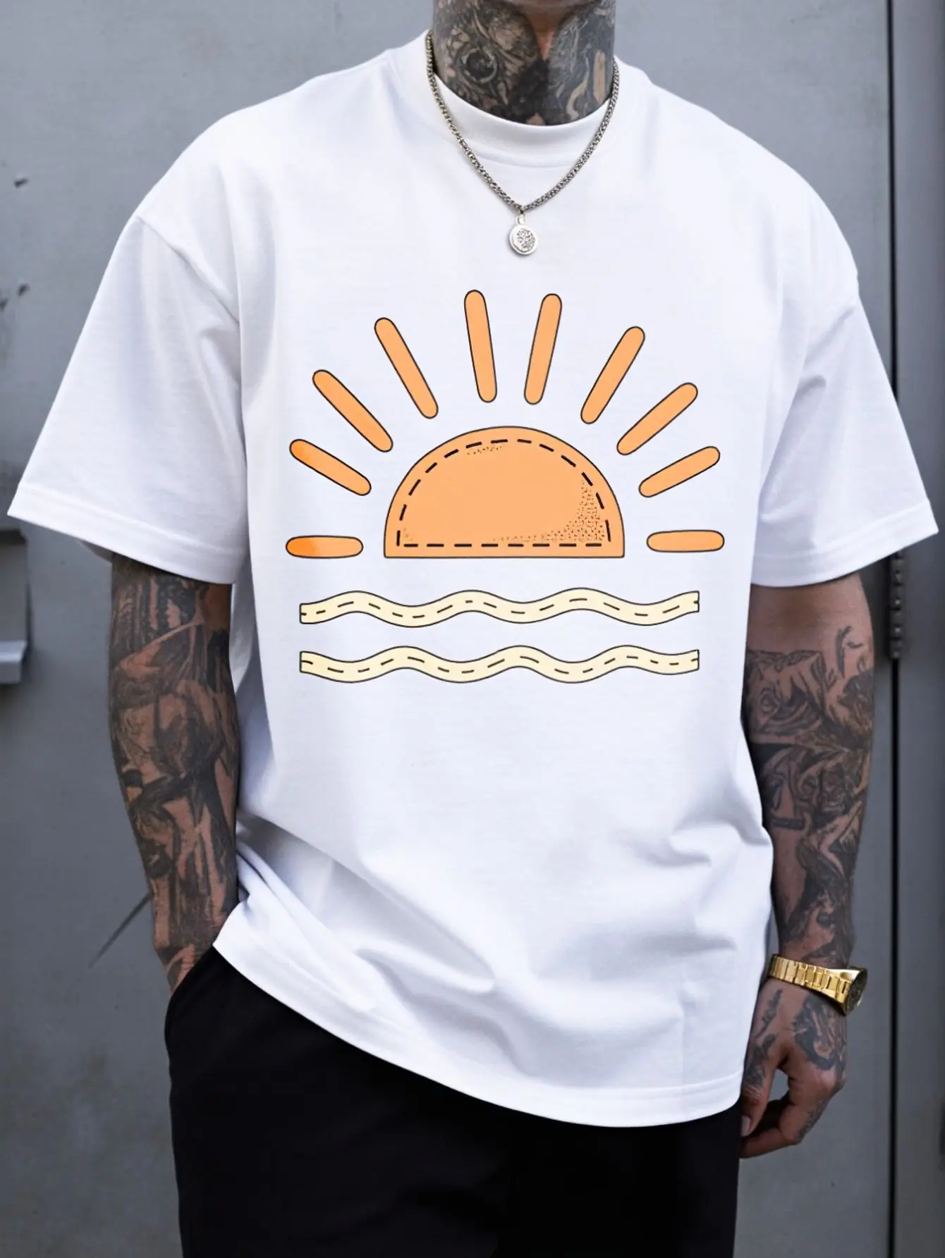 Men'S Casual Short Sleeve T-Shirt - Summer Breathable Crew Neck Tee With Sun & Waves Print, Machine Washable Regular Fit For Casual Attire, Leisure Clothing, Sun Motif Apparel, Comfortable Fabric